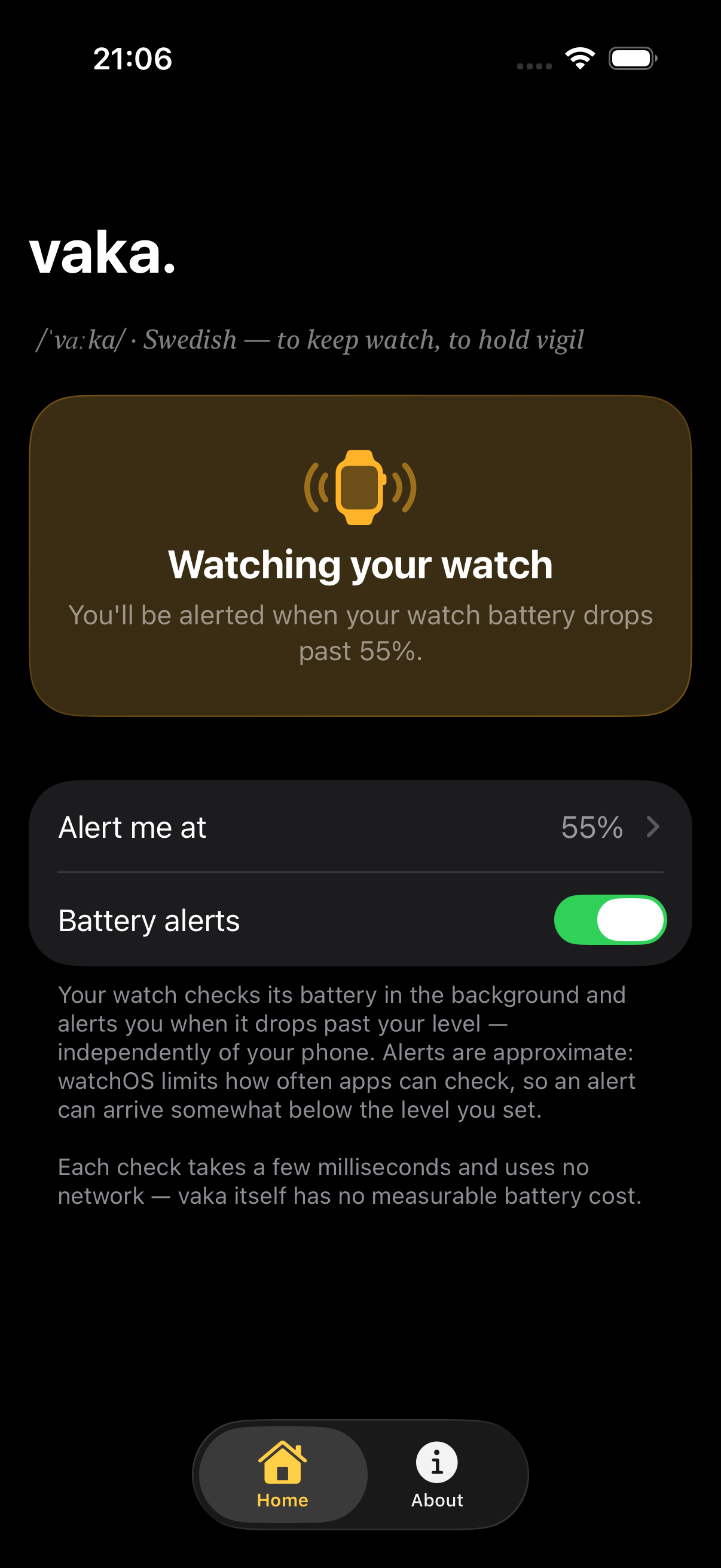 vaka iPhone app — home screen keeping watch over your Apple Watch
