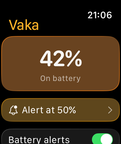 vaka Apple Watch app — battery level and alert threshold at a glance
